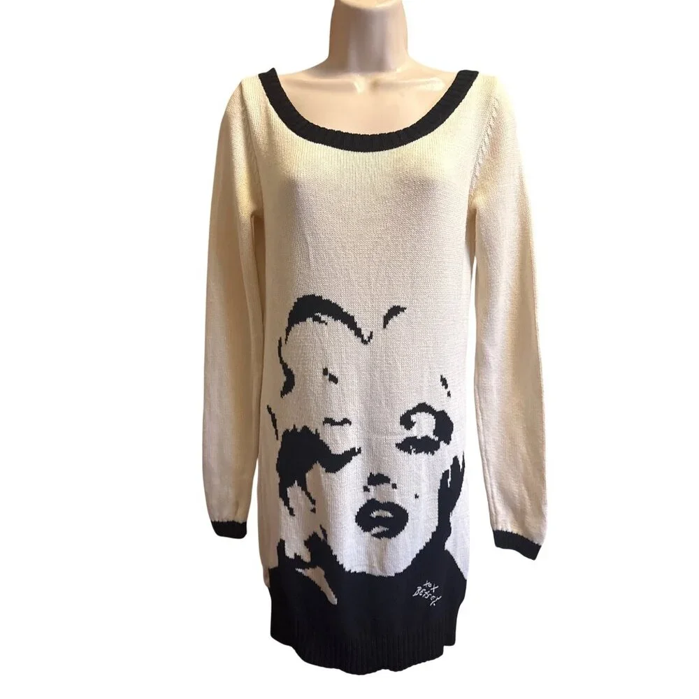 Betsey Johnson Marilyn Monroe Face Sweater Dress Size M Cream Black Graphic